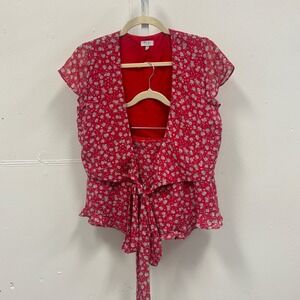Tobi Red Floral Two Piece Matching Set Wrap Tie Top Ruffle Shorts Medium Outfit